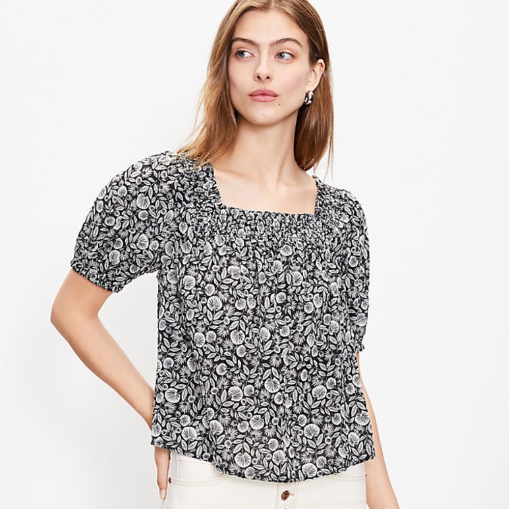 EUC LOFT Palm Smocked Square Neck Top